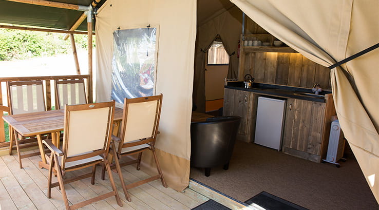 Glamping tent veranda and kitchen
