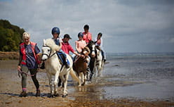 Family on beach with horses