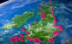Map with red pins showing Parkdean Resorts locations
