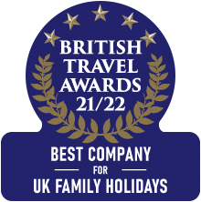 British travel awards logo showing 21/22 award win for best company for UK family holidays