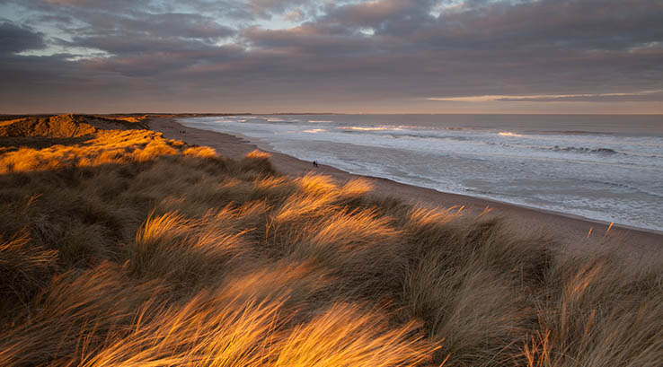 Sunset over the grassy dunes of Druridge Bay, Northumberland
