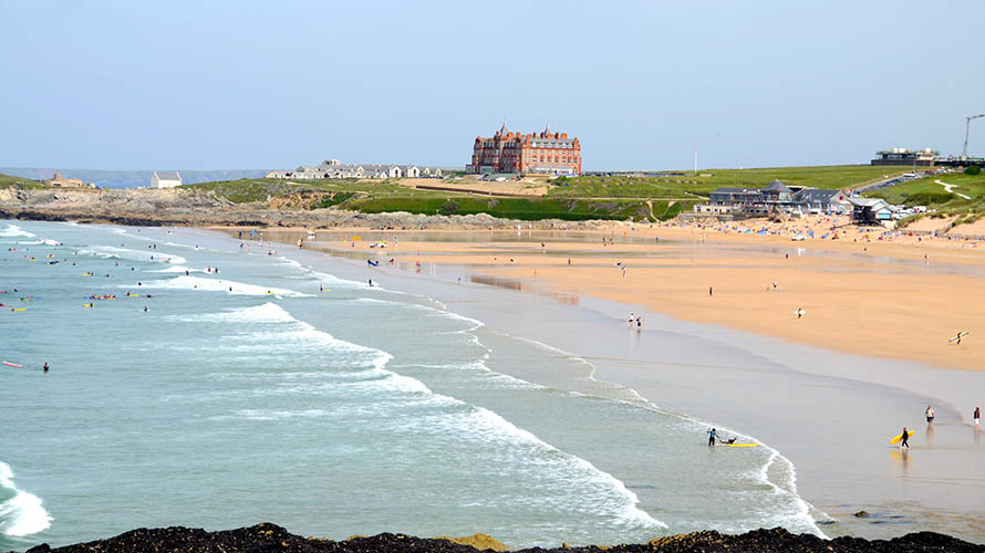 The Headland Hotel visible atop Towan Headland at the north end of Fistral Beach
