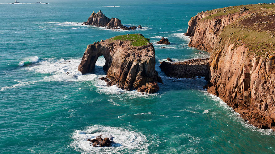 Dramatic rock formations off Land's end, the most western point of England's mainland