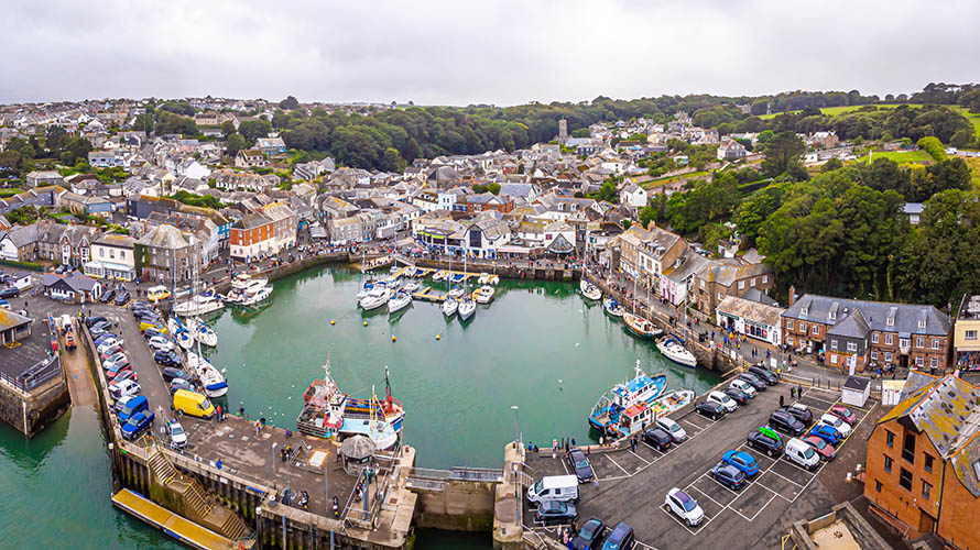 An aerial view of colourful Padstow Harbour