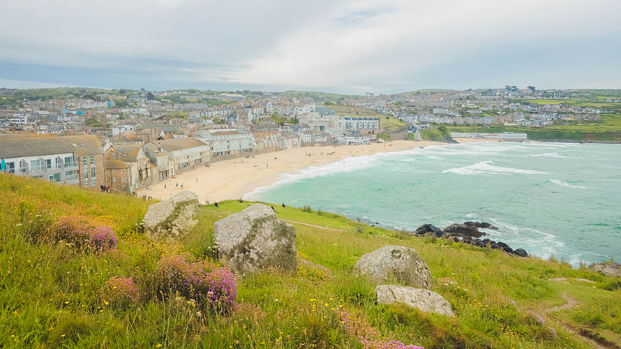 Looking down onto Porthmeor Beach from St Ives' headland