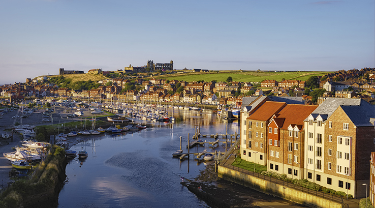 A view across the harbour towards the abbey at Whitby