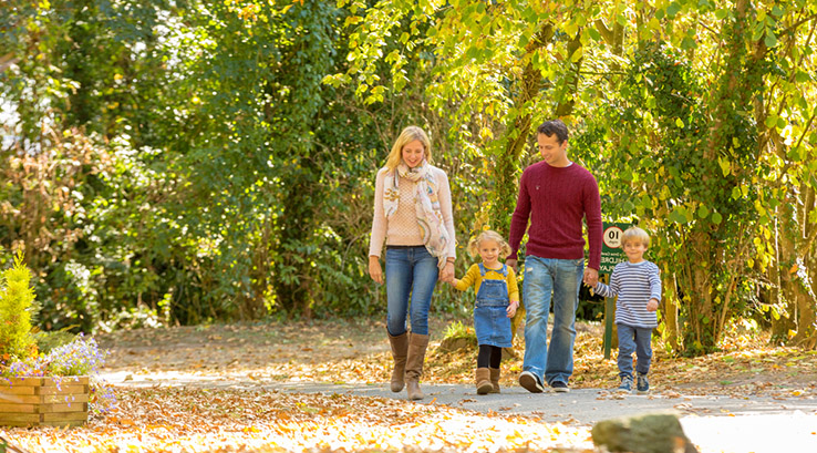 A family walking through autumn leaves
