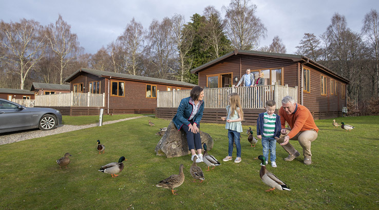 A family feeding the ducks on a lodge park