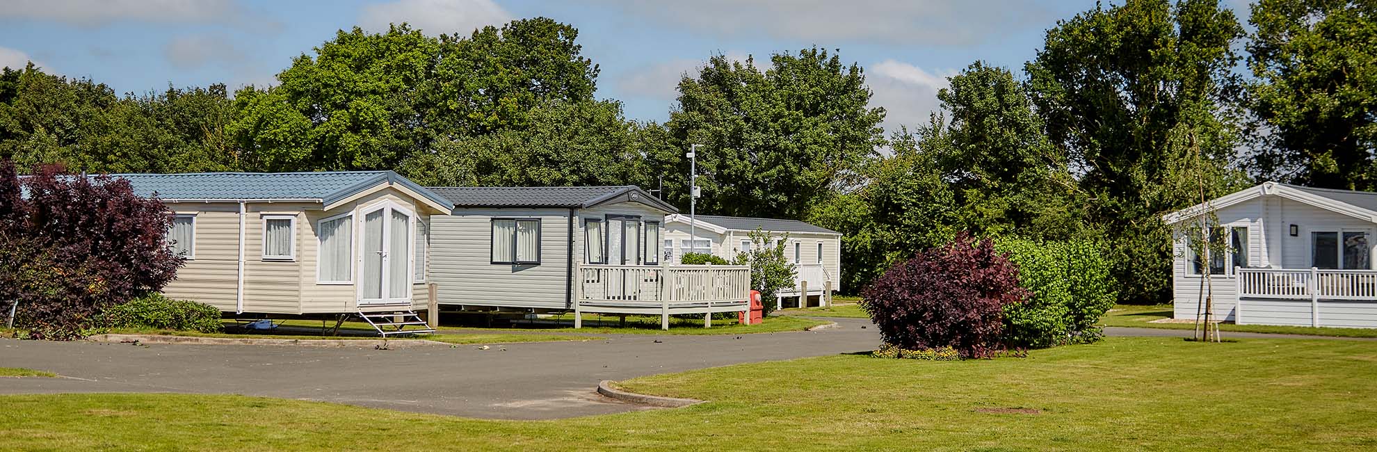A view of the accommodation across the grass at Breydon Water Holiday Park