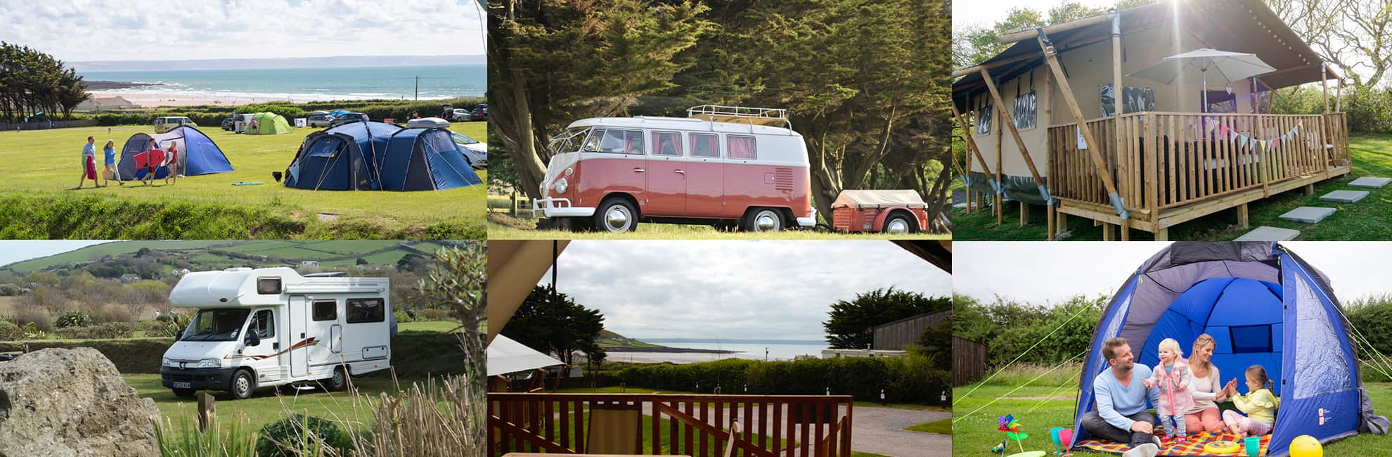 A collage of photos showing the touring, camping and glamping sites in Devon