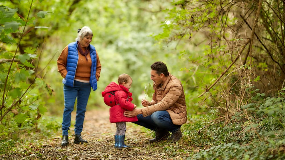 A grandmother, father and child going on an autumn walk in the woods