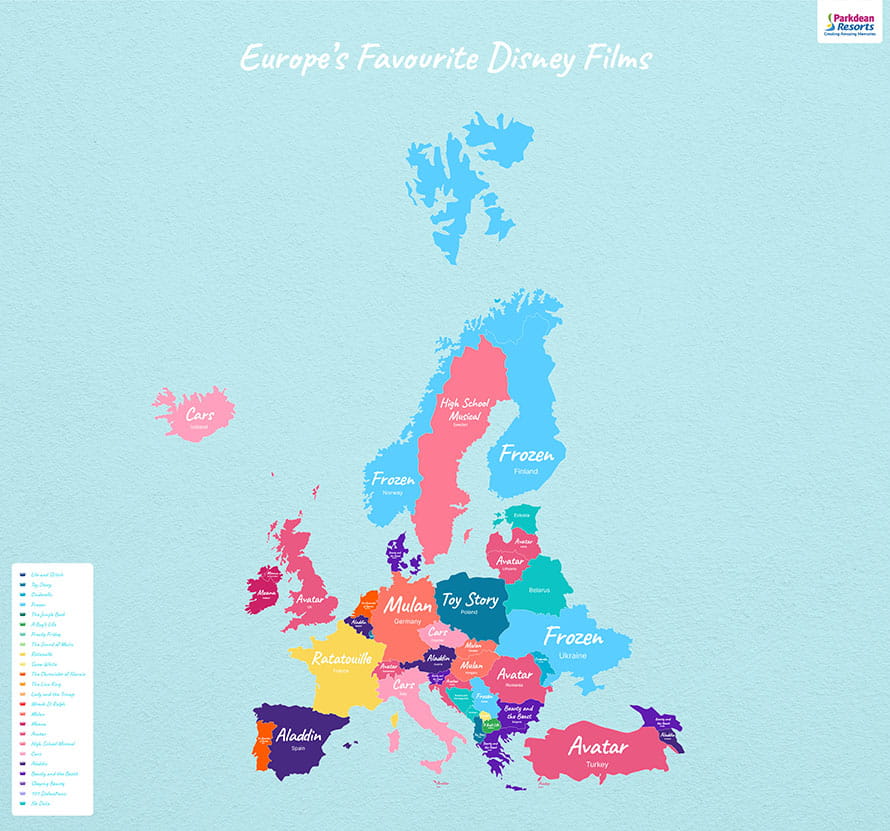 Map showing the most popular Disney movies in Europe