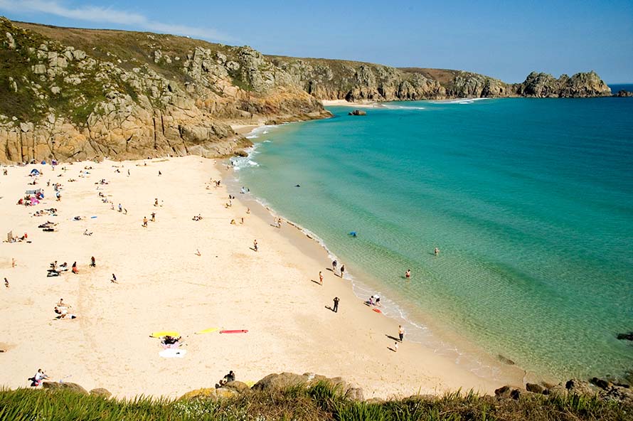 A sunny day at Porthcurno Beach in Cornwall