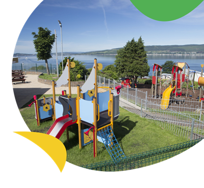 The outdoor adventure play area looking out to sea at Wemyss Bay Holiday Park