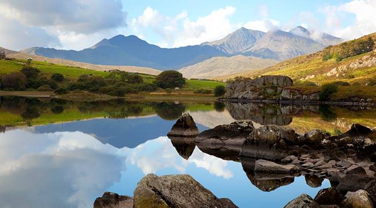 A spectacular view of Snowdonia National Park looking over the lake