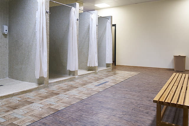 A row of shower cubicles at a campsite